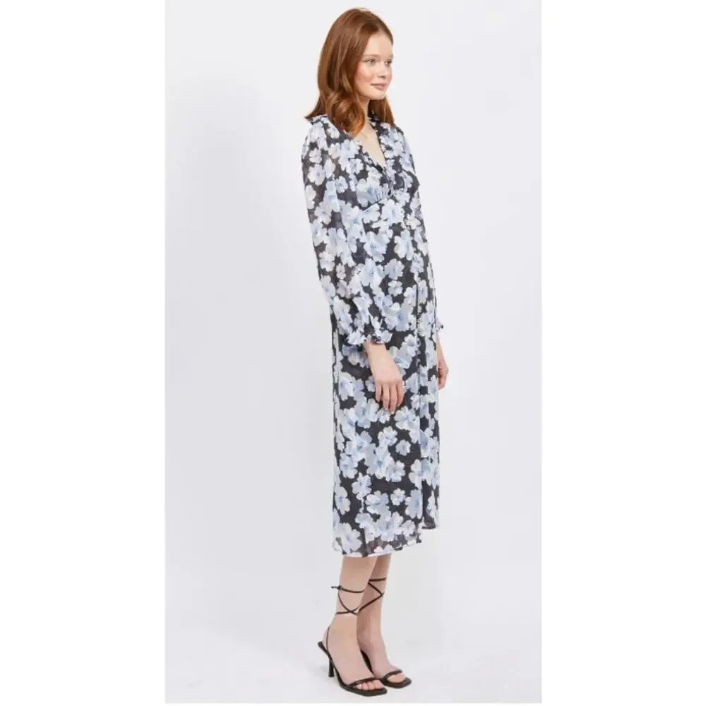 NWOT Teagan Floral Print V-Neck Long Ruffle Sleeve Midi Dress En Saison M